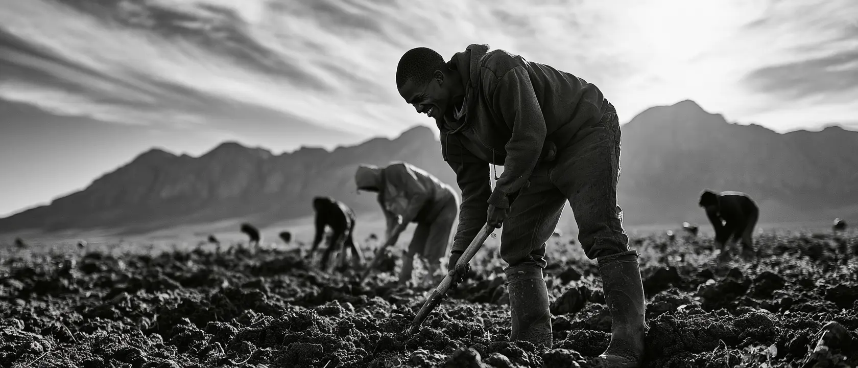 A team turning soil by hand at first light, mountains rising behind the field